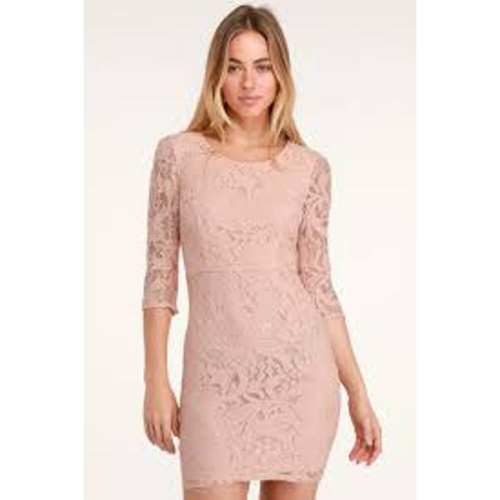 NWT Lulus Lace Pink Blush Sheath Bodycon Mini 3/4 Sleeve Dress Small